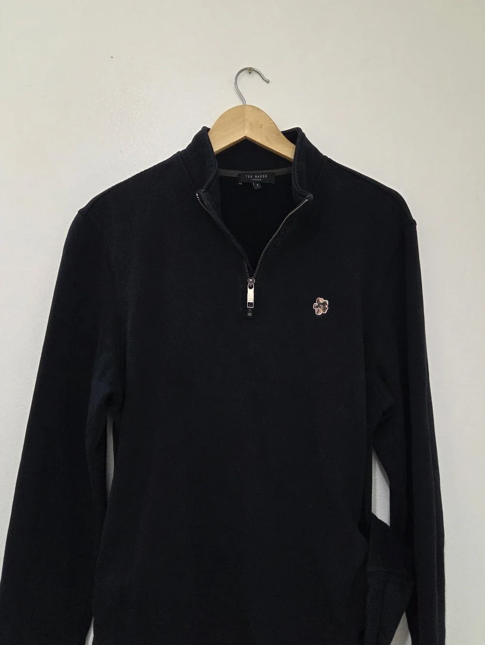 Ted Baker London Mens Black Kilburn Cotton Half Zip Embroidered Flower Sweater